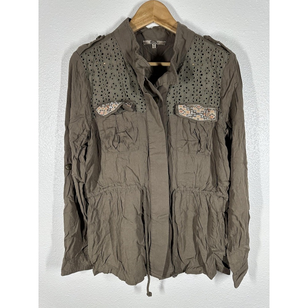 Miss Me Jacket Womens Medium Olive Green Utility Eyelet Embroidered Boho
